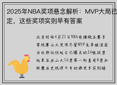 2025年NBA奖项悬念解析：MVP大局已定，这些奖项实则早有答案